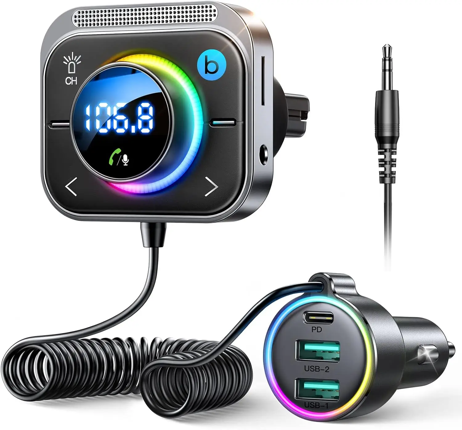 96W FM BT 6.0 Car Adapter, AUX 3-Port Charge PD60W+2x18W, Vent Cooling, Universal, Portable Durable&Stylish, Gif
