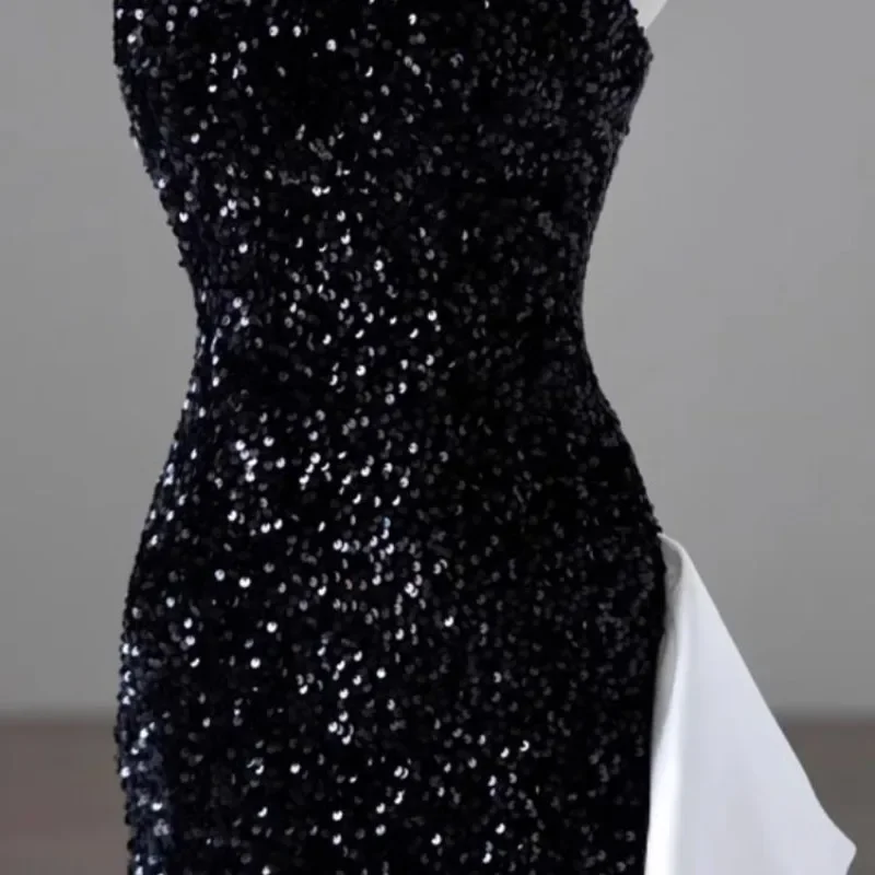 Elegant Black Evening Dress for Women Luxury Sequins Party Vestidos Celebrity Host Slim Black White Bodycon Mermaid Dress Maxi