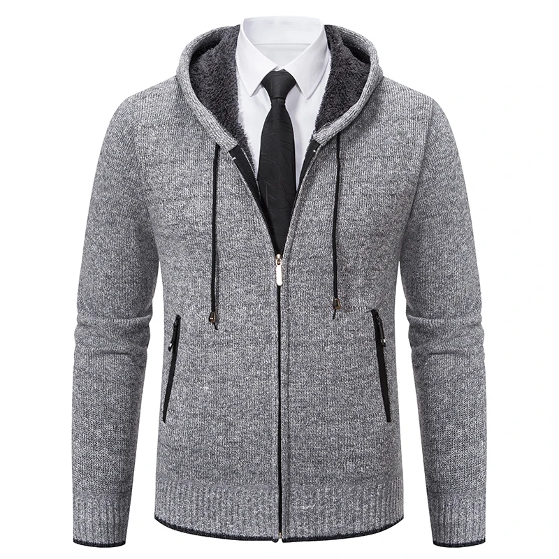 Mens Fashion Casual Hooded Jacket Fleece Lined Knitted Cardigan Winter Autumn Sport Sweater Cardigans Travel Zipper Pocket