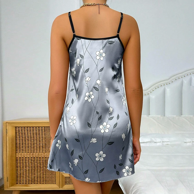 Women\'s Sleepwear Summer Floral Print Satin Nightgown Casual Sleeveless Backless Slip Night Dress Sexy Nightdress Home Clothes