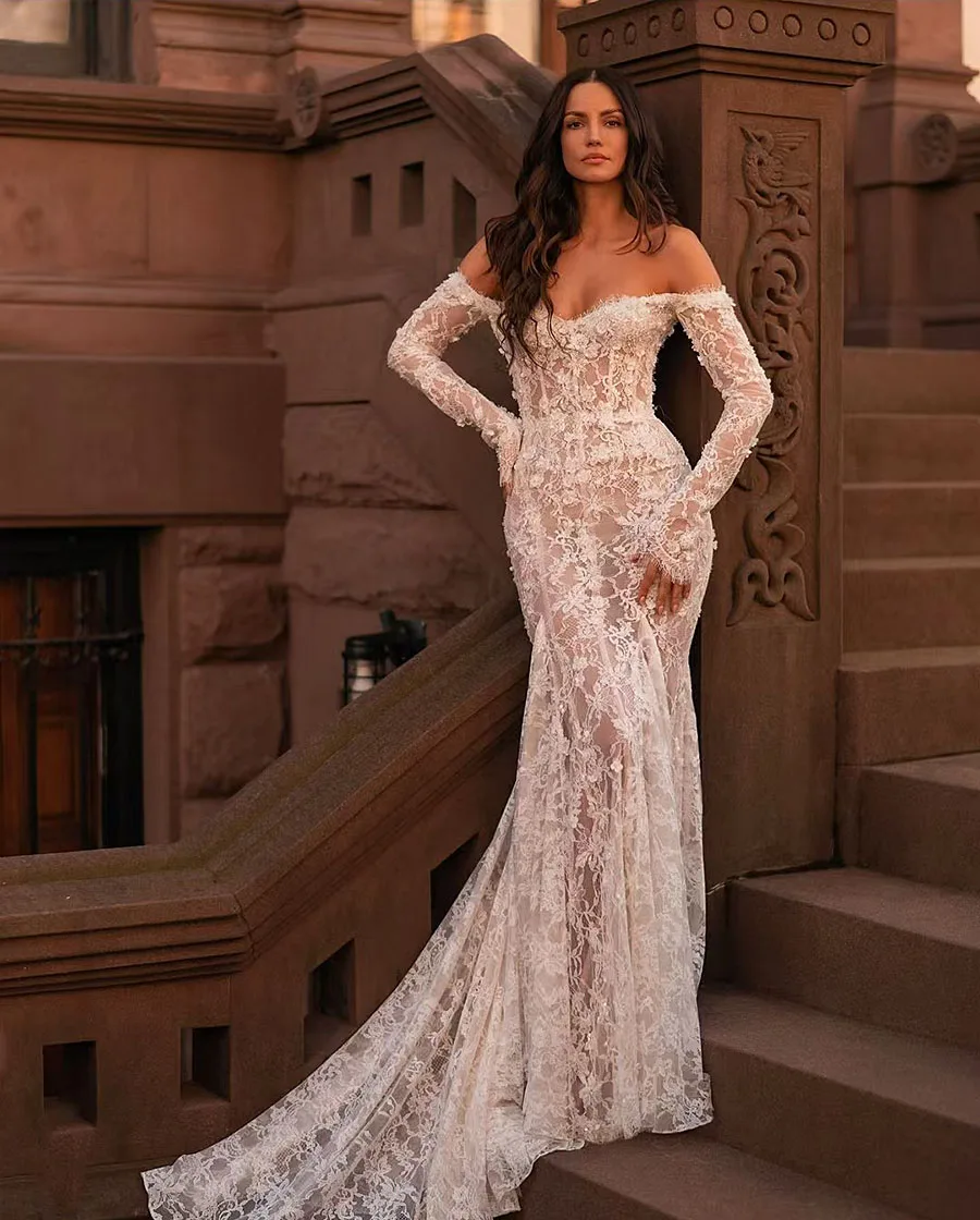 Mermaid 2025 Lace Wedding Dress Long Sleeves Vestido de Novia Sereia Off Shoulder Lace Bridal Dresses Mariage