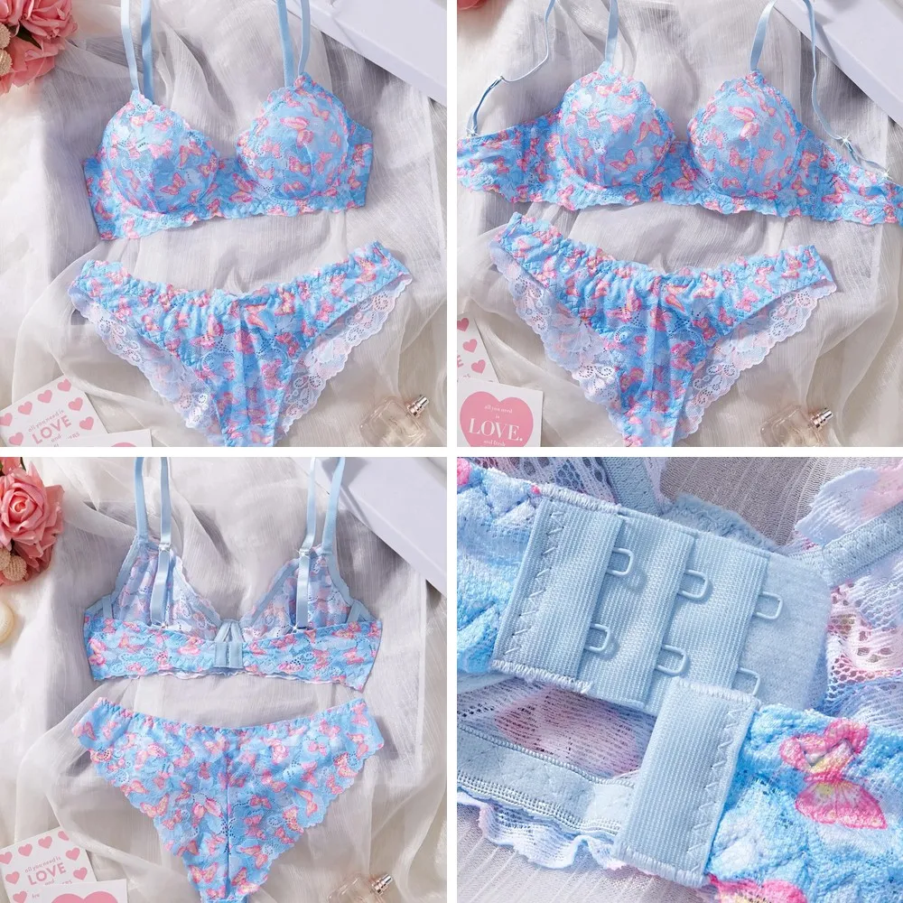 

Sexy Lace Butterfly Print Push Up Bra & Panty Set for Women, Sheer Mesh Underwear