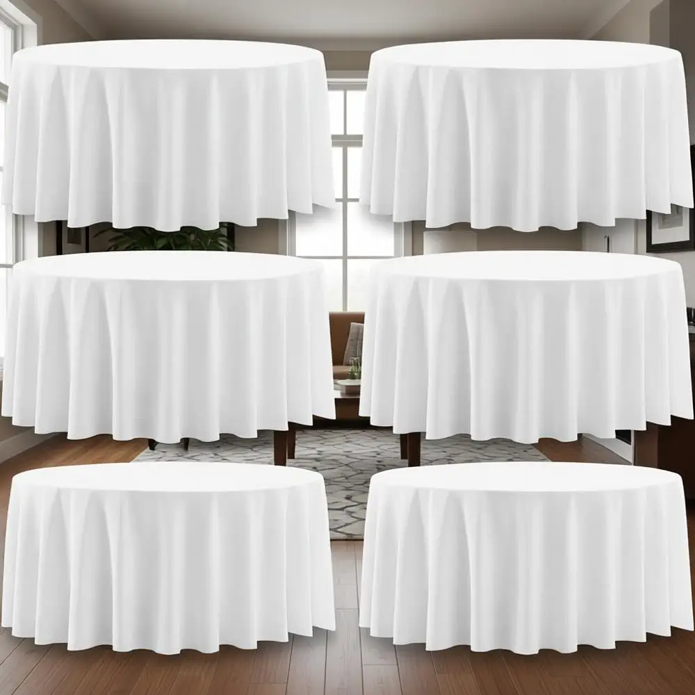 

6 Pack 120 Inch White Washable Linen Polyester Tablecloths for Dining, Banquets, and Weddings