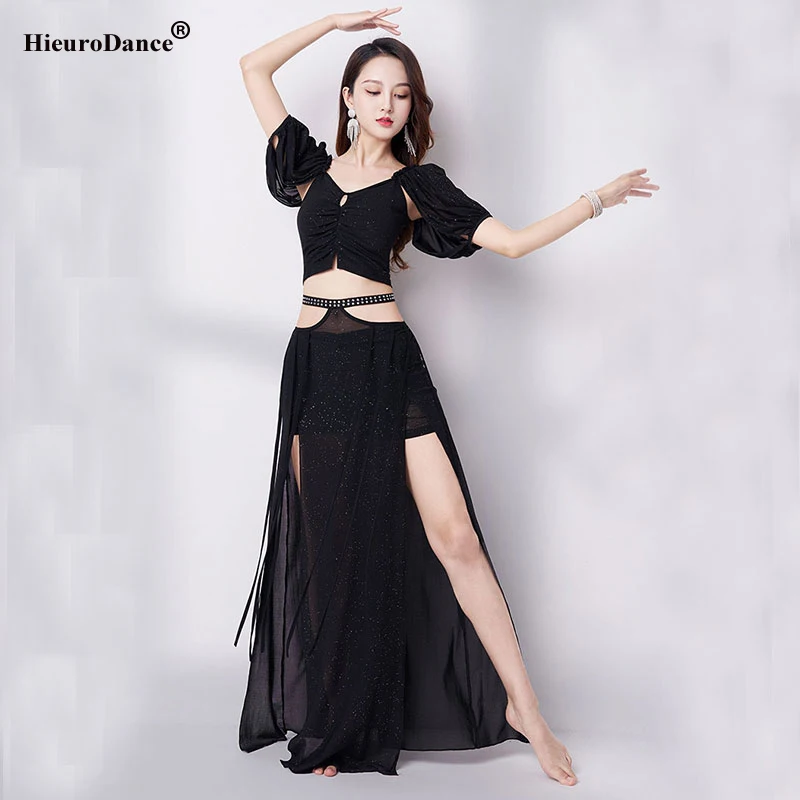 Conjunto de traje de bailarina del vientre para mujer, trajes de danza Oriental, Top + falda larga, traje de entrenamiento de 2 uds., conjunto de actuación de danza del vientre para adultos