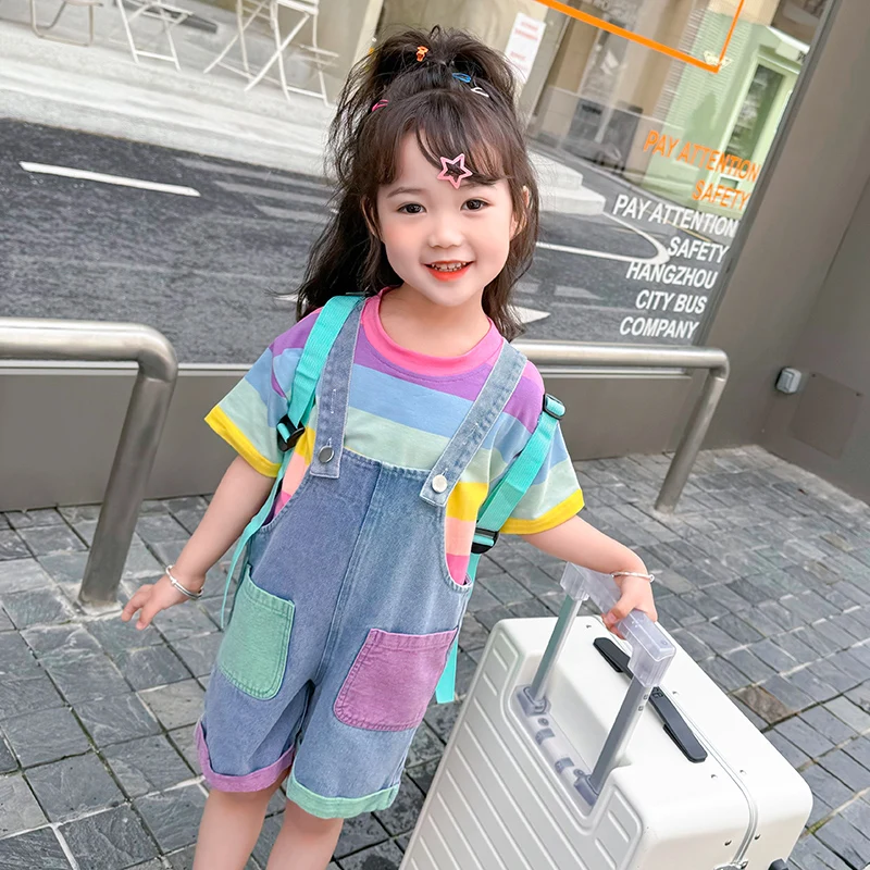 

Rainbow T-Shirt Summer Bib Pants Baby Girls Shorts Jumpsuit Boy Cute Colorful Striped Short Sleeve Tops+Denim Short overalls Set