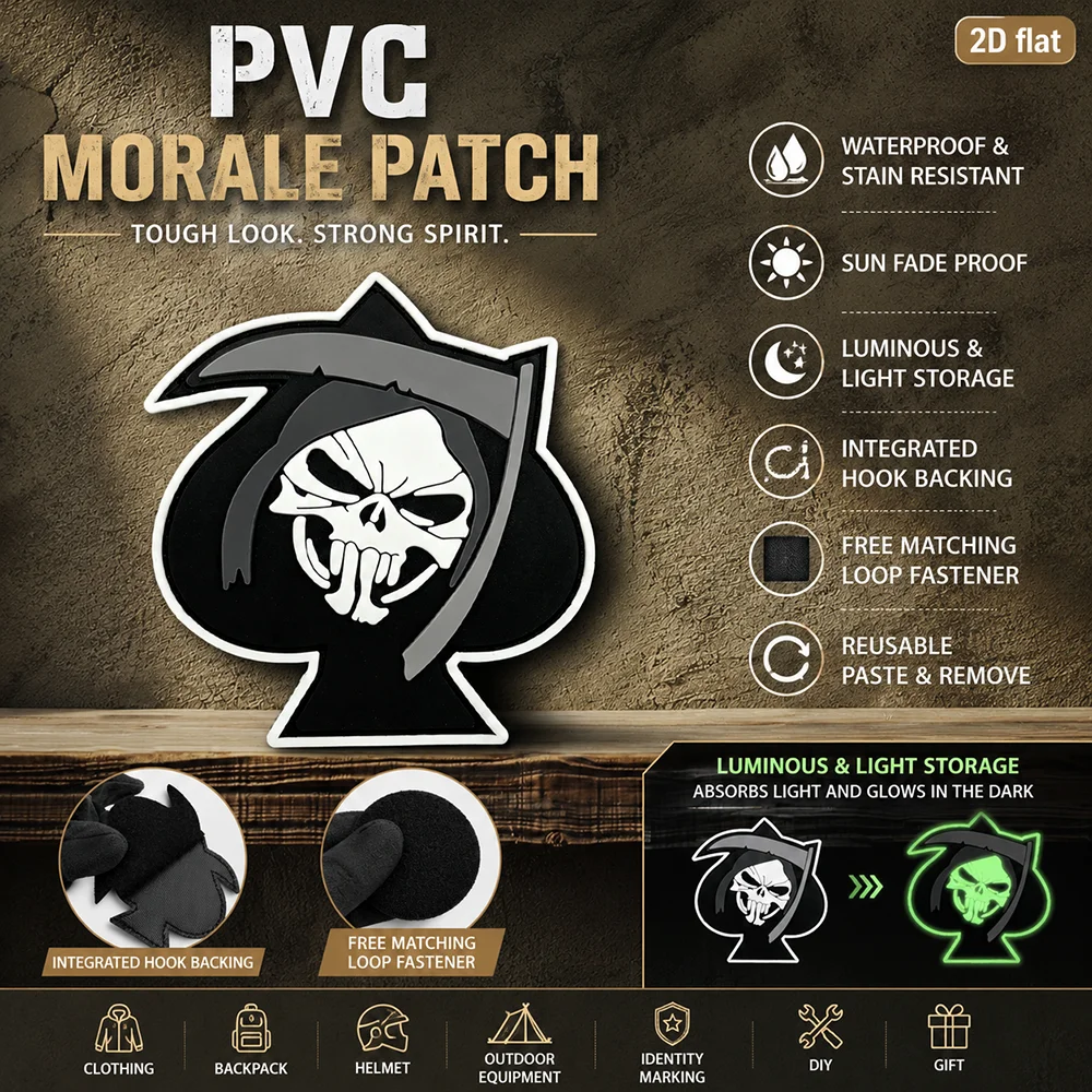 Dark Black Spade Skull Hooded Alien-Shaped Logo Badge, 2D Flat Pvc Material with Luminous Effect, Magic Sticker Patch with Free Backing, Specifications Available, 1Pc/2Pcs/3Pcs, Layered 3D Embossed Edge, Not Easy to Come Off, Functional Jacket Personalized Decoration Accessory