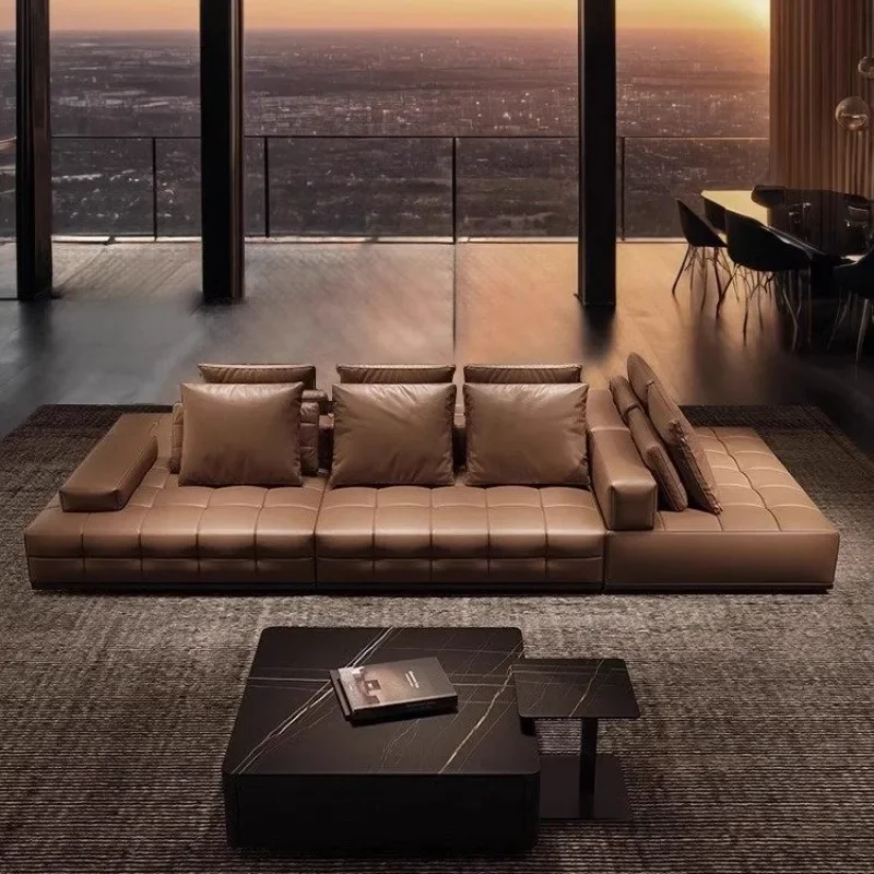 Large apartment horizontal hall, leather sofa double-sided island Italian minimalist brown retro high-end module combination