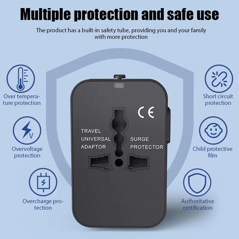 Universal Travel Adapter with 2 USB Ports Surge Protector International All-in-One Power Plug Adapter for US EU UK AU