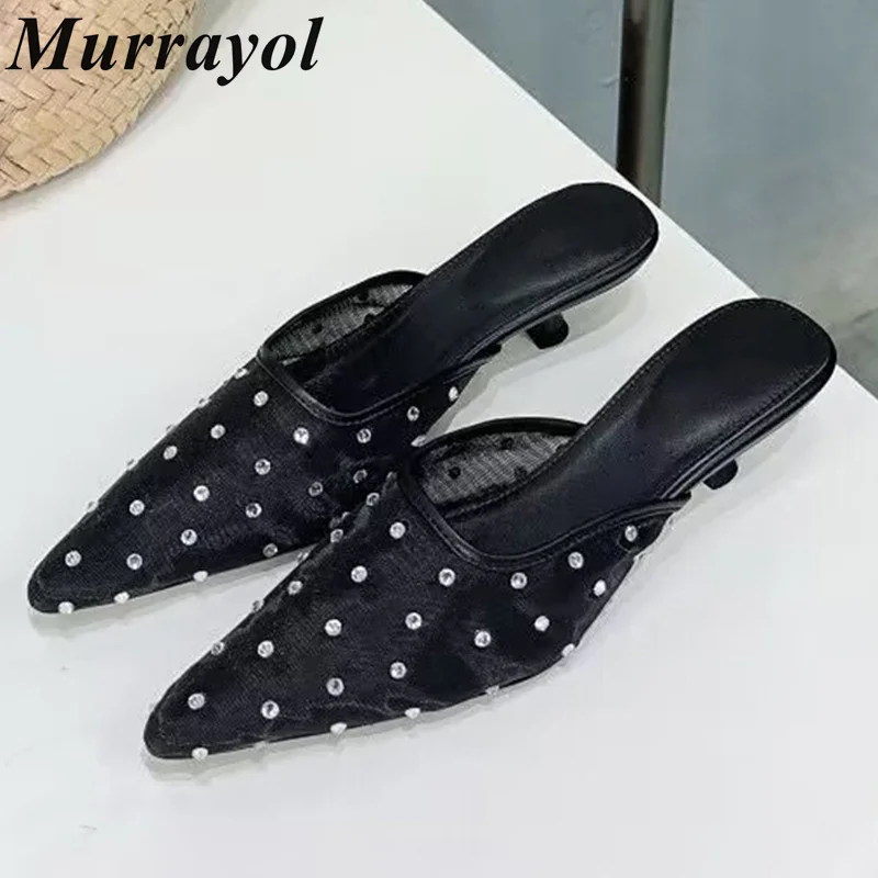 

Pointed Toe Solid Color Low Heels Slippers Women's Closed Toe Rhinestone Decor Mules Summer Vacation Beach Shoes Dress Shoes