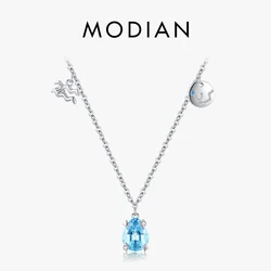 Modian Real 925 Sterling Silver Sea ​​Blue Zirconia Pendant Necklace Constellation Aquarius Link Chain For Women Party Jewelry