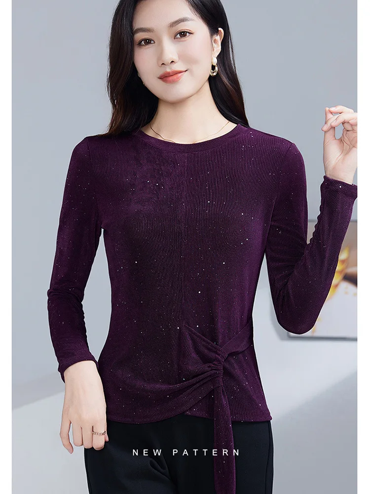 Autumn New Long Sleeved O-Neck Women's Tops Fashion Casual Solid Color Elasticity Mesh T-Shirt M-4XL Diamond Blouses