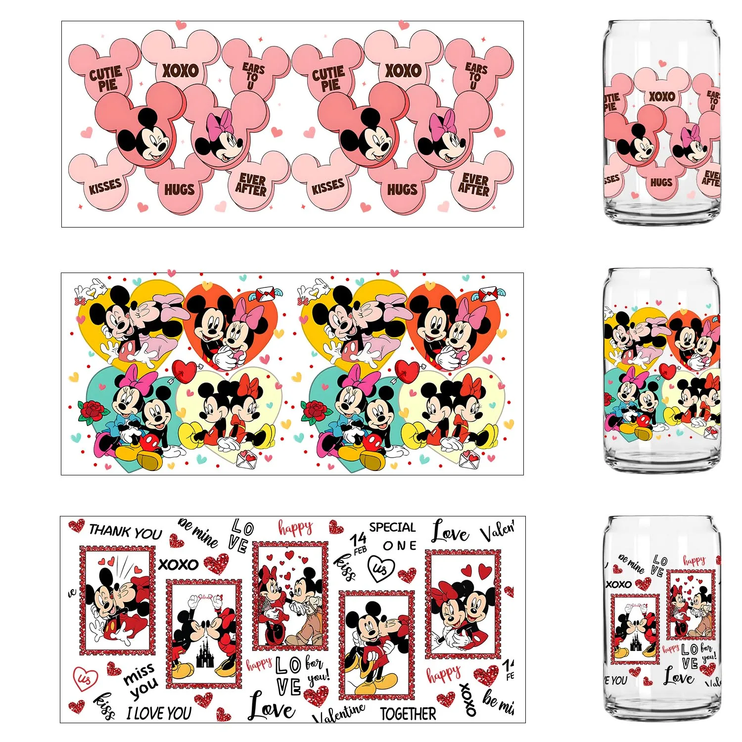 عيد الحب ميكي XOXO سهل قشر مقاوم للماء حفلة لتقوم بها بنفسك الشارات ثلاثية الأبعاد نقل uvdtf بهلوان ملصقات الختم 16 أوقية الأشعة فوق البنفسجية dtf كوب يلتف