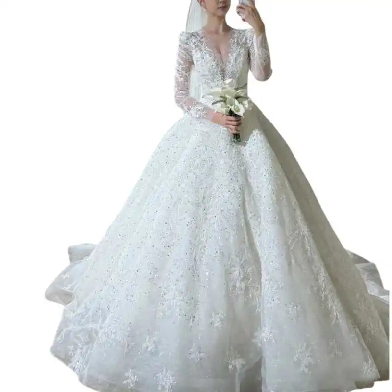 Luxus Ballkleid Brautkleider Applikationen Pailletten Volle Hülse Zipper Brautkleid Kathedrale Zug Vestido De Noiva Angepasst