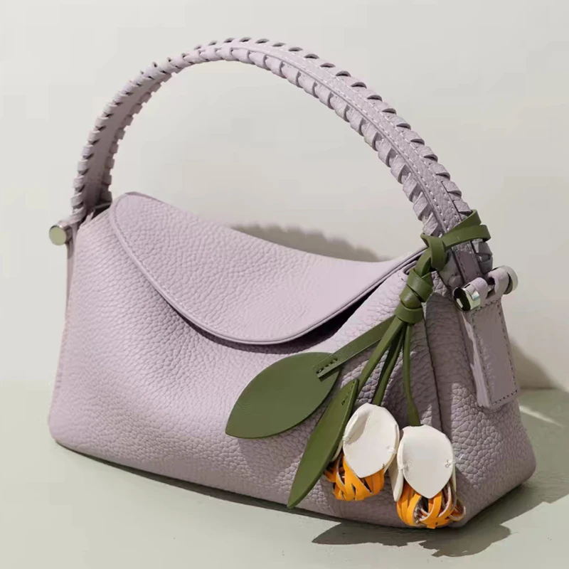 New Women's Genuine Leather Fashion Simple Crossbody Bag  with Flower Charm Daily Commuter Multi-way Shoulder Crossbody Handbag