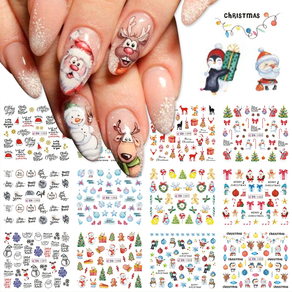 12pcs Cute Christmas Cartoon Nail Design Snowman Elk Santa Claus Nail Art Stickers Water Slider Xmas Accessories GLBN1393-1404