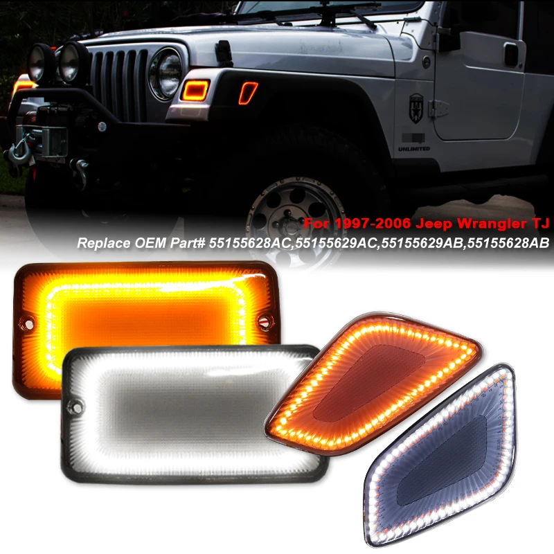 

2Pcs For Jeep Wrangler TJ 1997-2006 LED Turn Signal Front Bumper Side Marker Lights Car DRL Daytime Running Lamps Canbus
