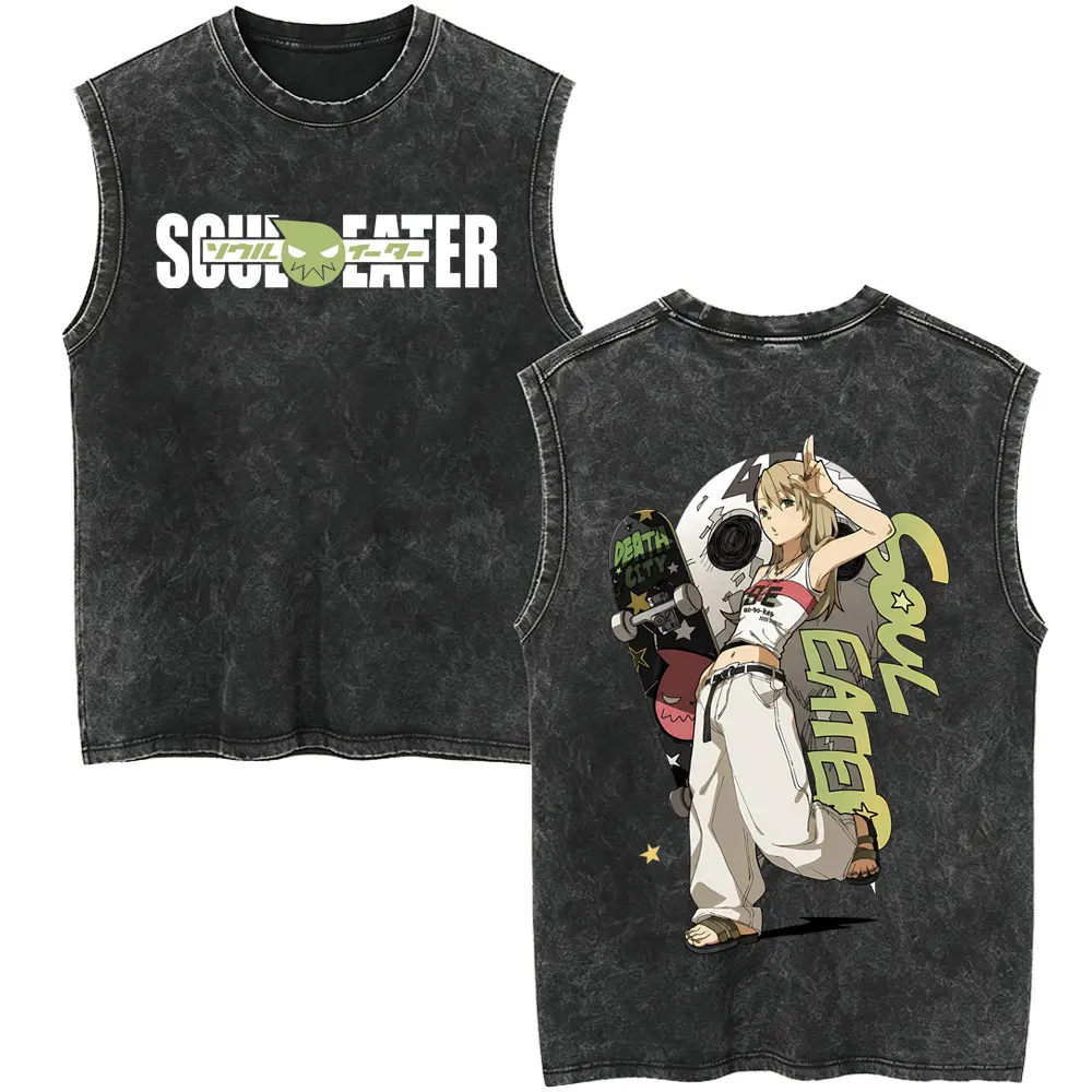 Anime Soul Eater Maka Albarn Merch Vintage Washed Tank Tops Men Women Clothing Fashion Cartoon Oversized Sleeveless Vest T-shirt