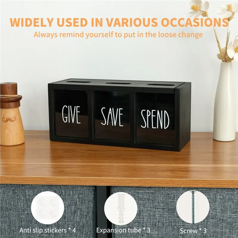 B97A-Wooden Money Saving Box 3 Grids Wall-Mounted Visualized Save Spend Bank Piggy Bank Ideal Gift