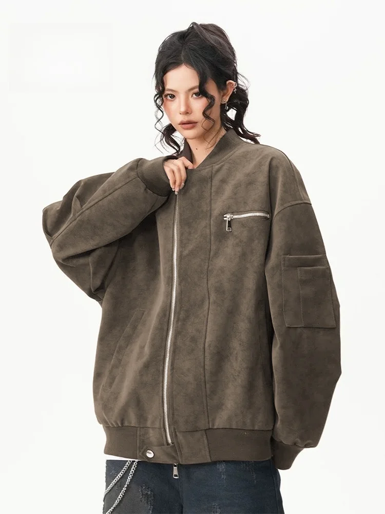 

Waed Soft Leather Jaet Women's American Sle Coffee Color Retro High Street Trend Motorcycle Jaet Outerwear