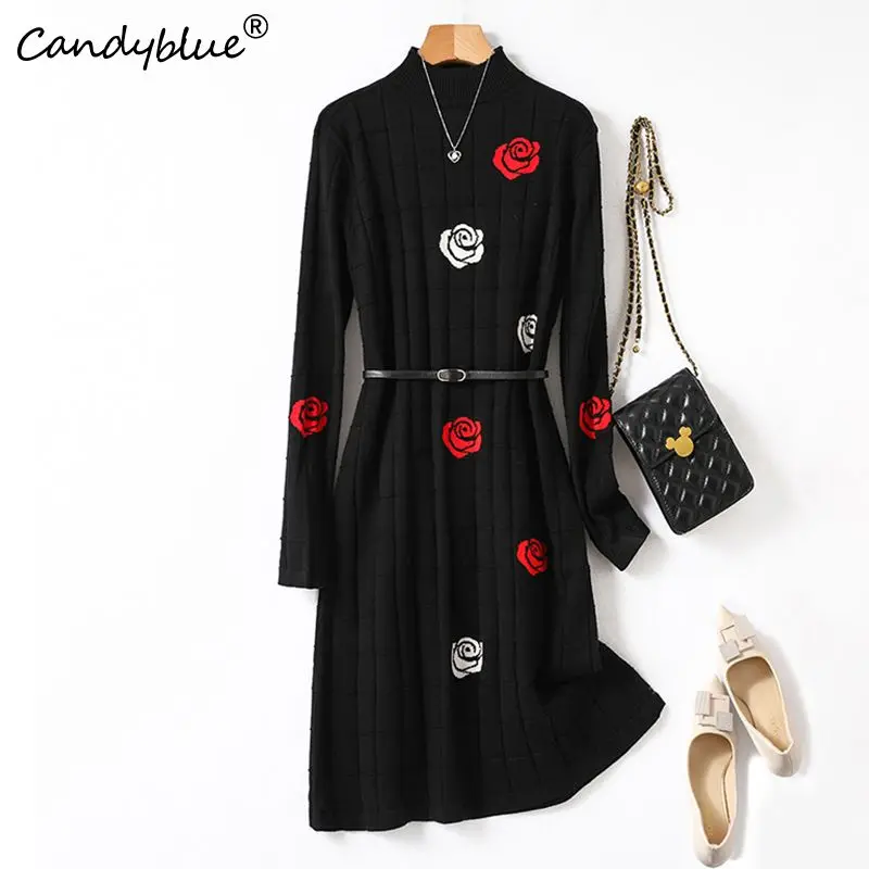 

Floral Print Vintage Knitted Loose Comfortable Women's Dress Fashion Long Sleeve Half High Collar Dresses for Women 2023 Autumn