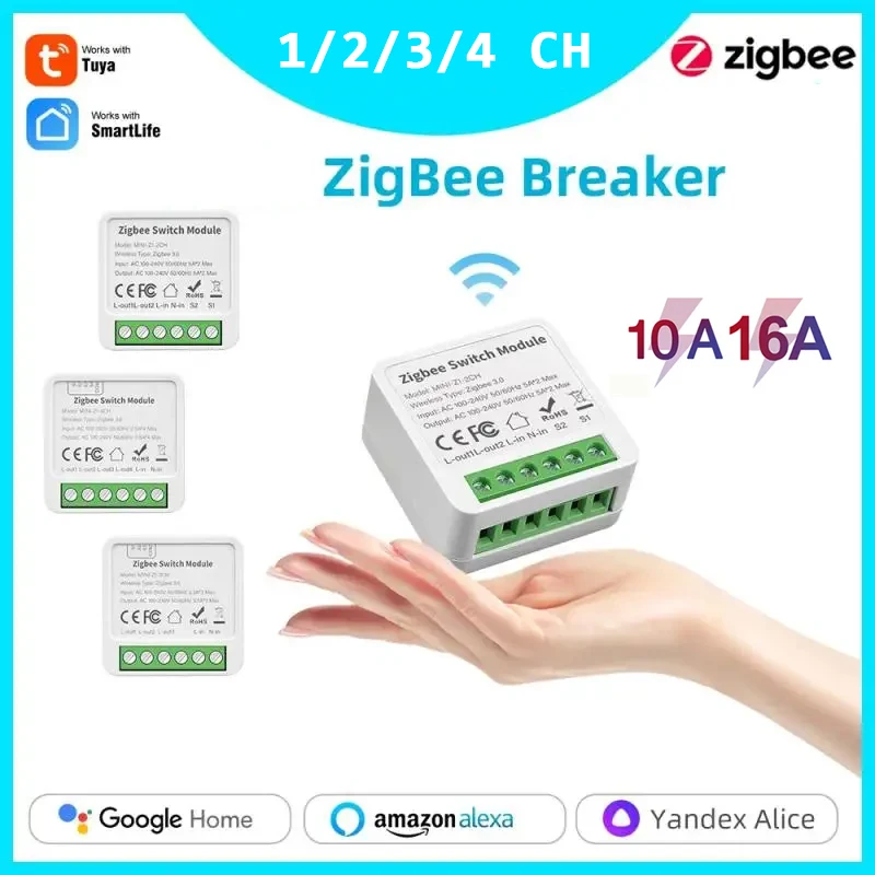 10A/16A Tuya Zigbee WiFi Mini Smart Switch Module Relay 1/2/3/4 Channel 2-way Control DIY Breaker Works With Alexa Google Home