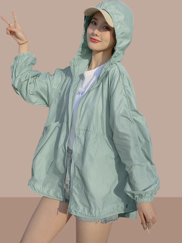 

Women's Summer New Large Size Breathable Thin Sun Protection Coat Hooded Mid-Length Open Cardigan Cotton Long Sleeve Outerwear