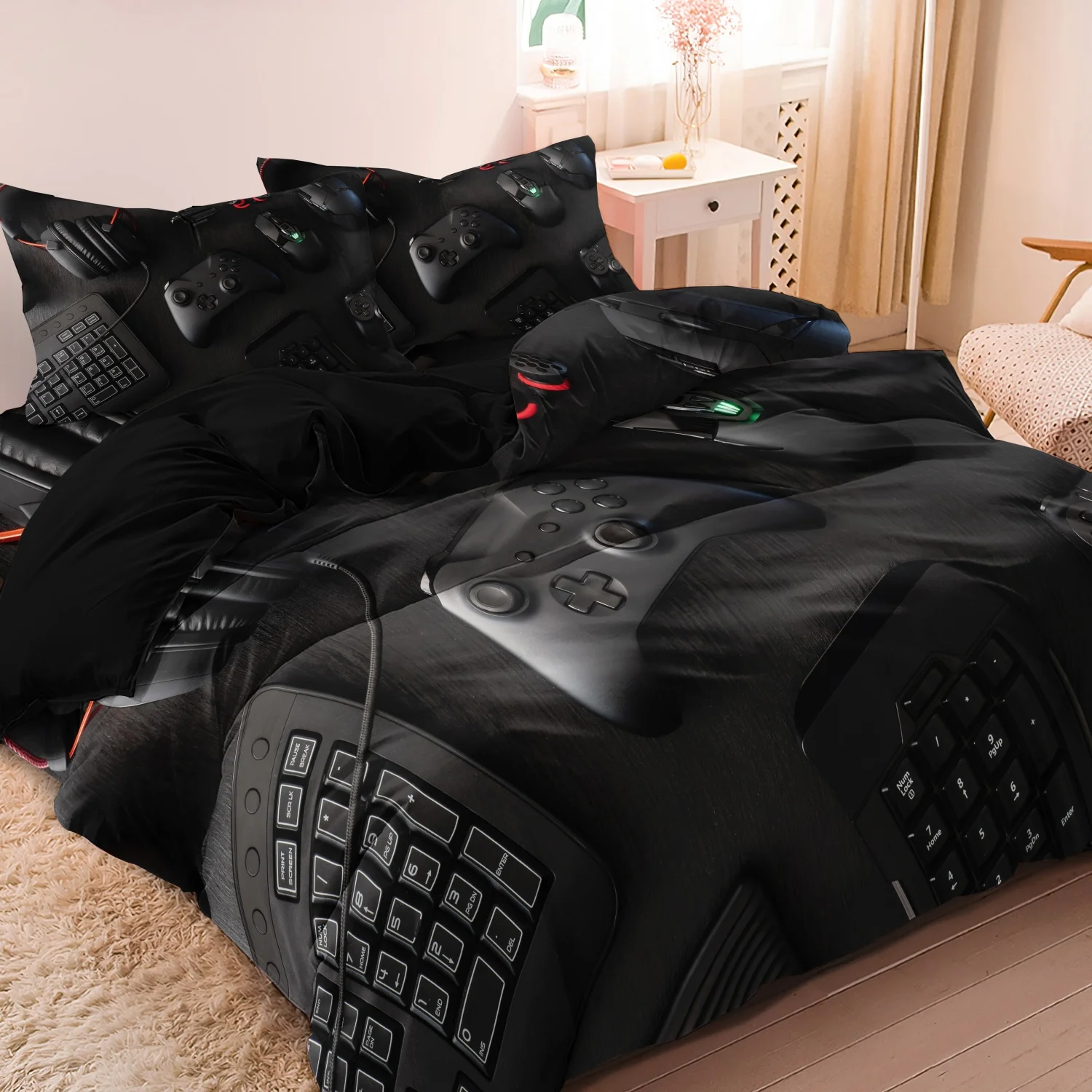 3Pcs Gaming Equipment Pattern - Modern Video Game Controller Mouse Keyboard Headphone Gamepad Print Duvet Cover Bedding Set