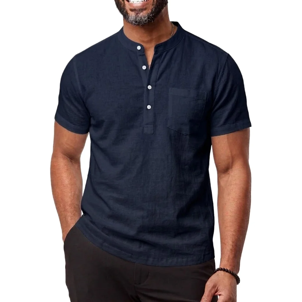 New Short Sleeve Shirt Man Solid Color T-shirts Linen Cotton Summer Shirts  Breathable Loose Hawaiian Shirt Pocket Vintage Tee