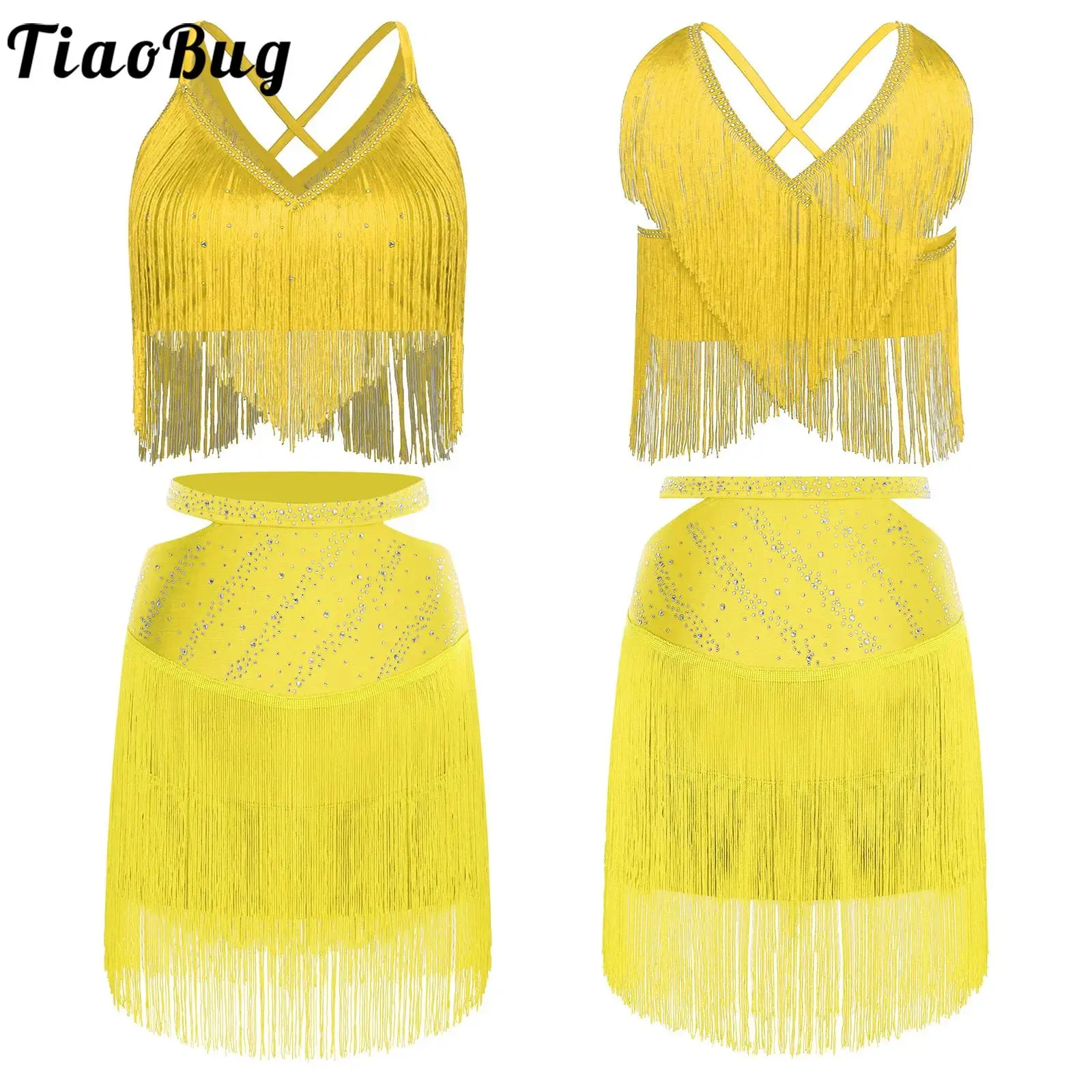 

Women Dance Latin Samba Salsa Cha-cha Costume Rumba Jazz Dance Outfits Sleeveless Fringed Crop Top And Tassel Skirt Dancewear