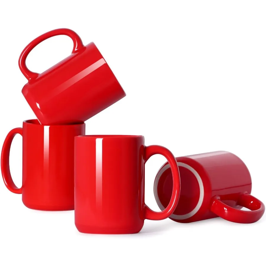 

Фарфоровые кофейные кружки на 16 унций. Классическая пустая керамическая чашка с большой ручкой для чая, латте, капучино, набор из 4 красных чашек - идеально подходит для дома.