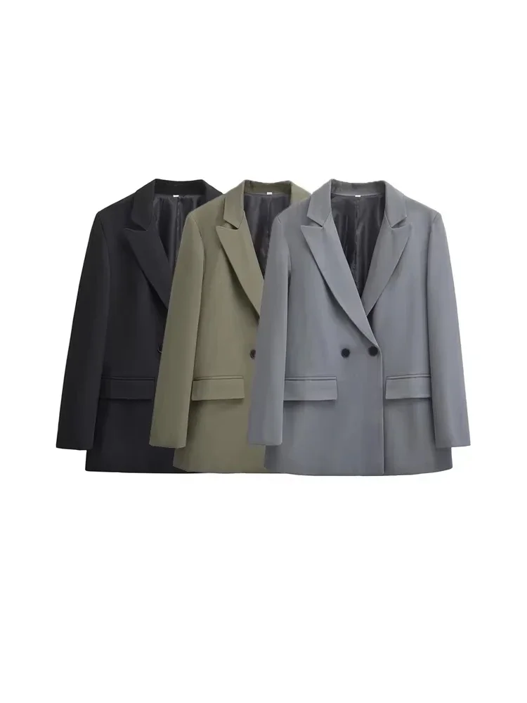 

Women's Double Breasted Office Wear Blazer Coat, Long Sleeve, Flap Pockets, Female Outerwear, Chic Tops, Fashion
