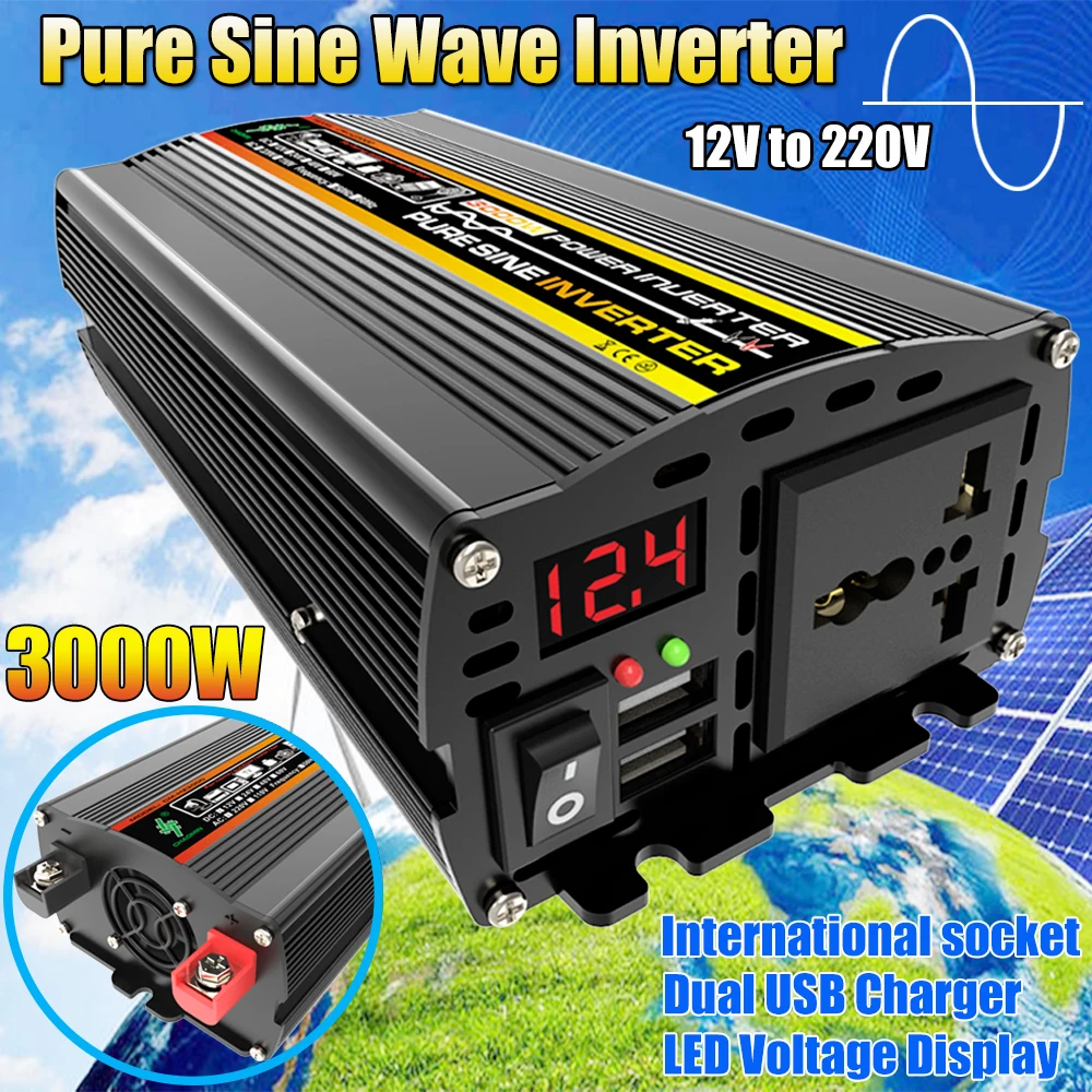 3000W Pure Sine Wave Inverter, Car Solar Inverter,DC12V to 220V,Dual USB,Socket Transformer,Power Converter,Power Inverter