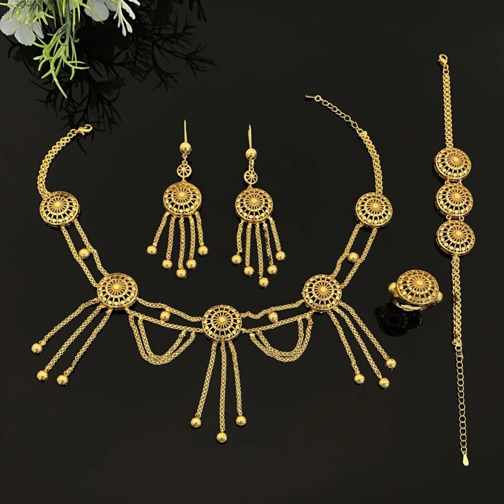 

JRH Fashion Simple Daily Wear Zircon Jewelry Set High-End Gold Plated Copper Craft Women's Bracelet Ring Necklace Earrings