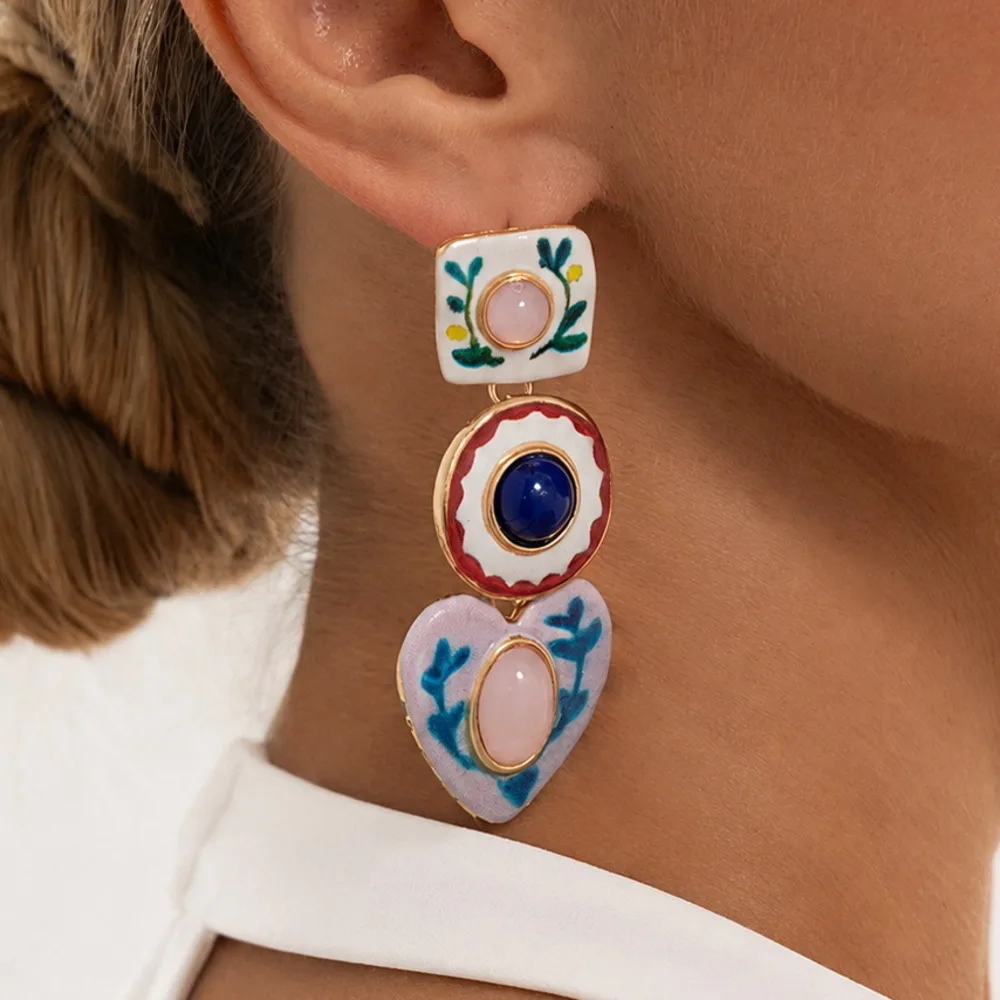 KunJoe Trendy Creative Asymmetrical Flower Oil Dripping Pendant Earrings Women Bohemian Charm Geometric Stud Earring Y2K Jewelry