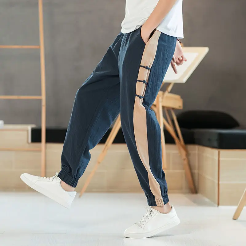 

Koreon Summer New Vintage Cotton Linen Sweatpants Streetwear Fashion Men Elastic Waist Pockets Slim Big Size Casual Trousers