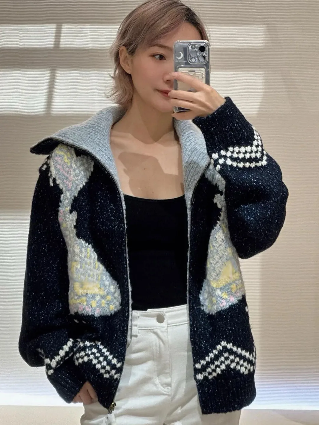 

Тяжелый вязаный кардиган с 3D-жаккардовыми блоками и лацканами на молнии, свободная верхняя одежда унисекс на осень и зиму