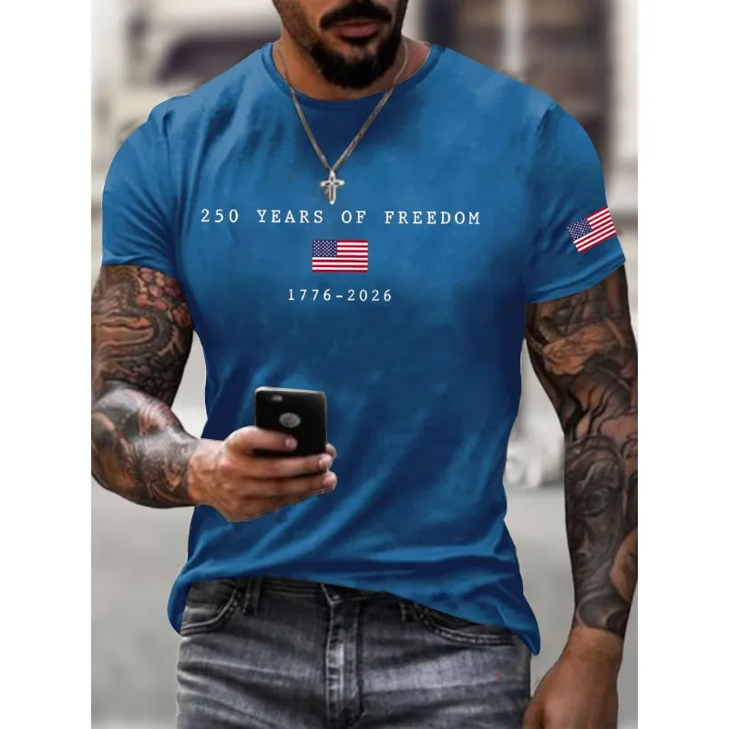 Fashion Men's  USA 250th Us Flag Freedom 1776-2026 Print T Shirt  Casual Short Sleeve O Neck Tee Summer Trendy Tops
