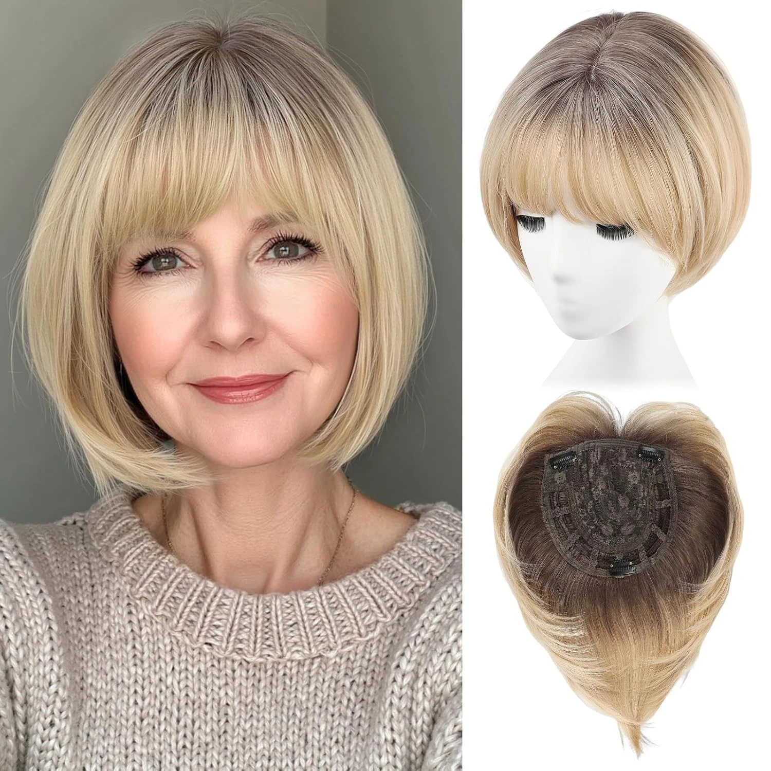 

Synthetic Hair Toppers for Women Short Bob HairPieces with Bangs 10" Side Part Toppers for Thinning Hair 7" × 7" Larger Base