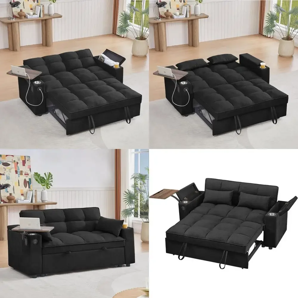 

65-inch 3-in-1 Folding Sofa Bed with Pullout Function, Modern Chenille Fabric, 360-Degree Swivel Side Table, Easy Assembly, Idea