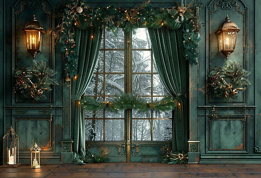 Mehofond Photography Background Winter Christmas Green Window Curtain Xmas Tree Kids Family Portrait Decor Backdrop Photo Studio