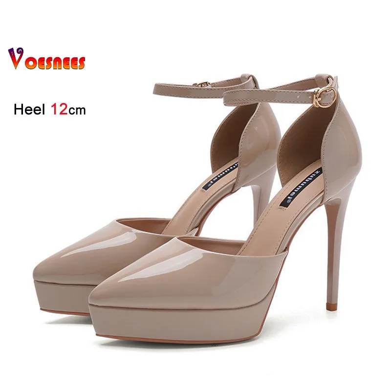 

New Black Sexy Sandals 12cm Stiletto Women ShoesPointy Toe Hollow Closed-toe Sandals Waterproof Thick Soled Ladies Single Shoes