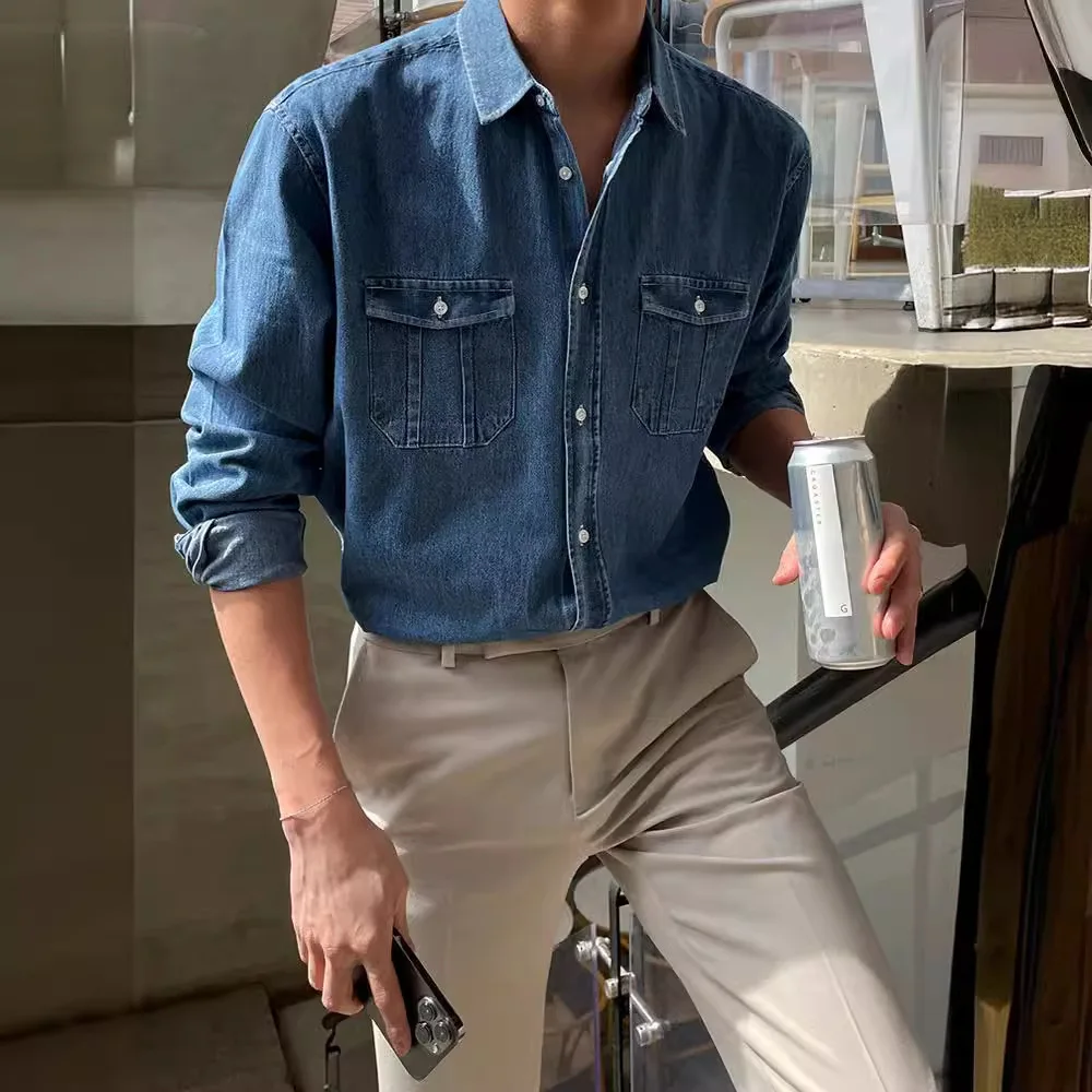 Men's Retro Denim Long Sleeve Shirt High End Korean Style Trendy Loose Casual Versatile Blue Work Shirt