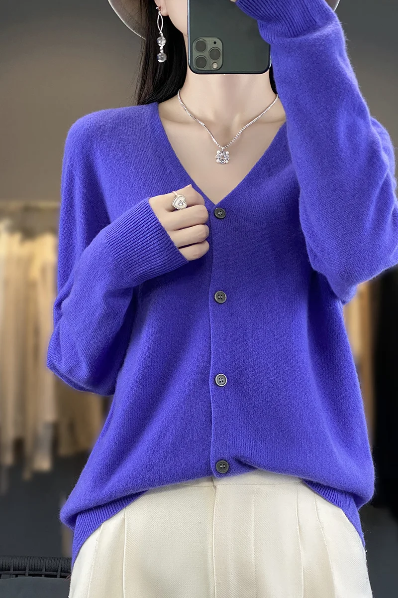 Basic V-Neck 100% Merino Wool Sweater Women Knitted Cashmere Cardigan Spring Autumn Female Knitwear Clothing Tops