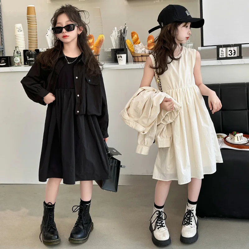 

Baby Girls Suits Children 2024 New Autumn Collection Fashion Simple Casual Coat and Dress Two-piece Set European Fashion Style