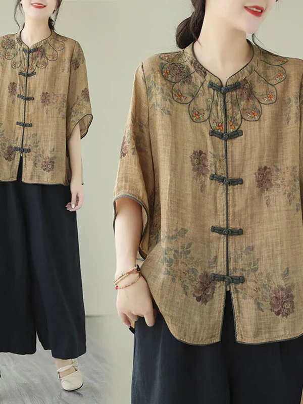 

Retro Sle Embroidered Cotton Linen irt Loose Fit Thin Summer Top Button up ort Sve round Ne Classic Print Women's ...