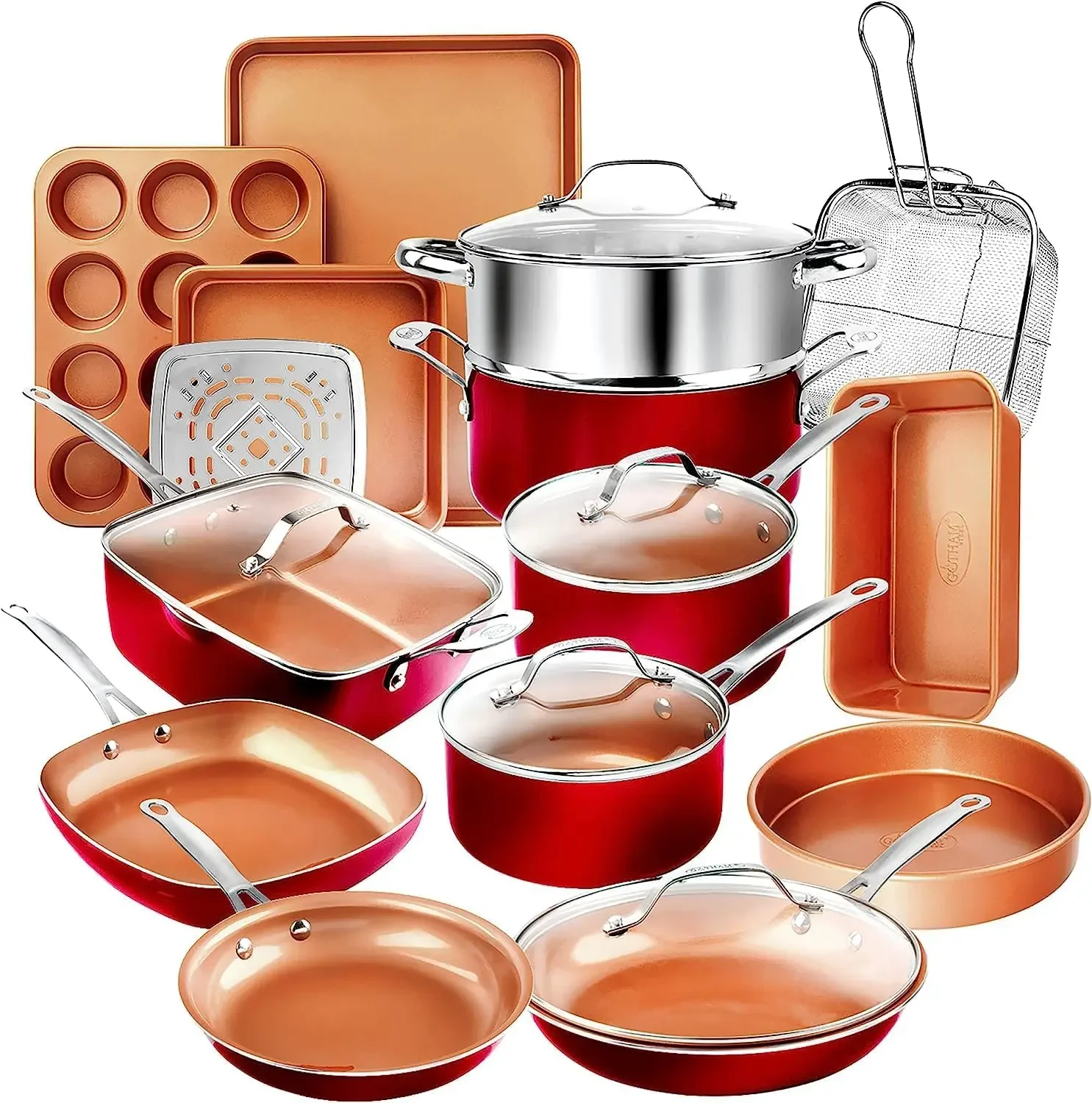 Steel 20 Pc Pots and Pans Set Nonstick Cookware + Bakeware Set, Complete Ceramic for Kitchen, Non Stick with Lids, Dishwa