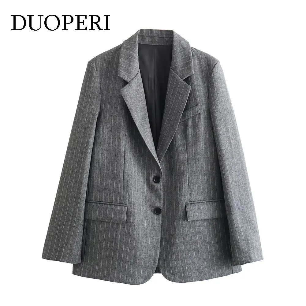 سترة مخططة بصف واحد من Duoperi بجيوب للنساء ، جاكيت بأكمام طويلة برقبة مسننة ، أنيقة وعصرية #1