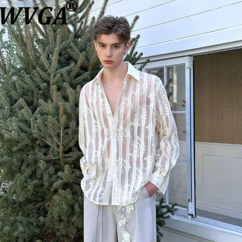 WVGA New Men's Spring Summer French Romantic Style Lace Long Sleeve Shirt Niche Slightly Sheer Embroidered Trendy Top Ins W24788