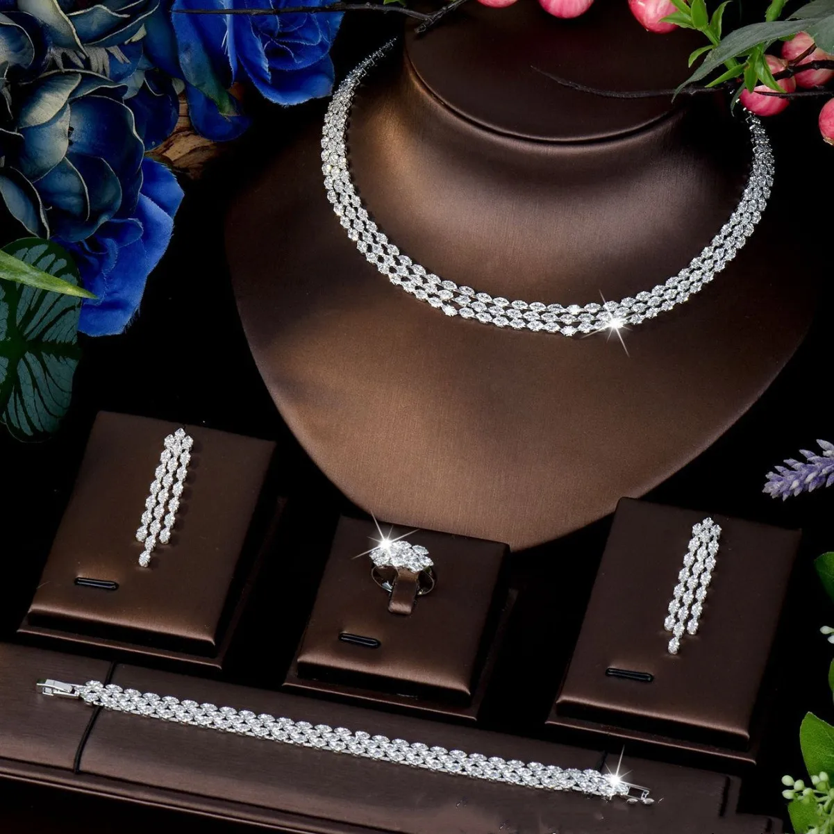 Cubic Zirconia CZ Bridal Jewelry Sets For Women 4-Pieces Simple Necklace Earring Set Lady Party Wedding Necklace Set Accessories