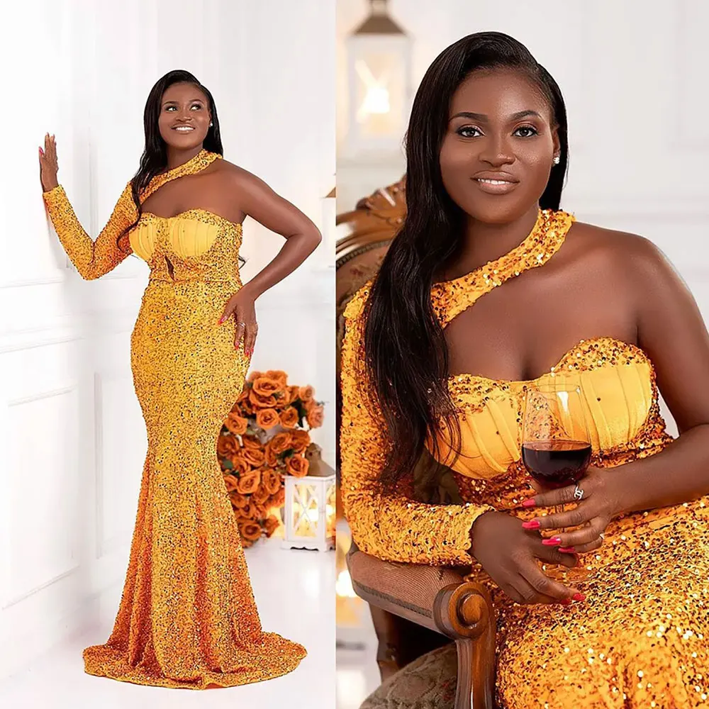 Glittery Geel Lovertjes Zeemeermin Avondjurken Vrouwen Luxe Een Schouder Halter Prom Jassen Sexy Vloerlengte Formele Party Gewaad